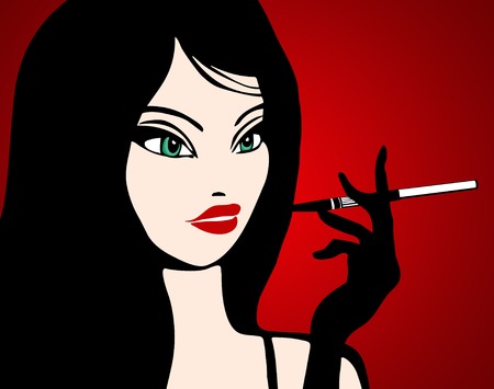 Illustration of a girl smoking in a bar: vector; red bacground and a beautiful black hair woman のイラスト素材