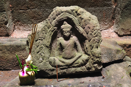 In Cambodia the Chau Say Tevoda in Angkor, few meters in front of the Thommanon temple, was a hindu temple built in the 12th century. The walls of the temple are carved with mythological figures  	の写真素材