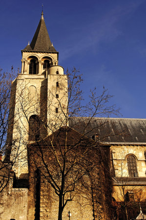 France, Paris:The Benedictine Abbey of Saint Germain des pres was founded by the merovingian king Childebert I in the 6th century. View of the towerの写真素材