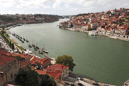 Portugal, Porto; view of the ancient city with is main river, the Douro and the sunroofs of the famous oporto wine caves. の写真素材