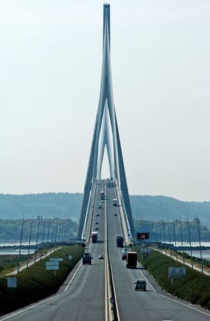 France, Normandie: Normandy bridge, the famous "Pont de Normandie" is a cable stayed road bridge with a total length of 2143,21mのeditorial素材