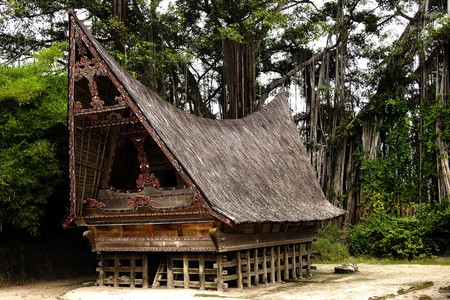 View of the typical facade of a Batak house  in Sumatra. Geometrical lines for the decoration of the walls の写真素材