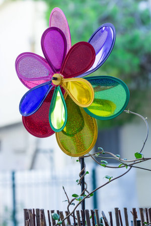 A double colorful wind mill, on a stick, with a climber plant on it.の写真素材