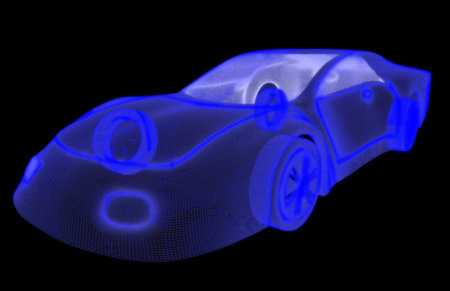 Glowing wireframe of a car 3d model. Isolated on black background