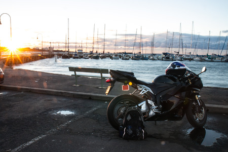 A motorcycle is in harborの写真素材