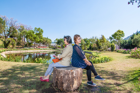 The family travels at The Royal Agricultural Station Inthanon, Inthanon national park, Chiangmai Thailandの写真素材