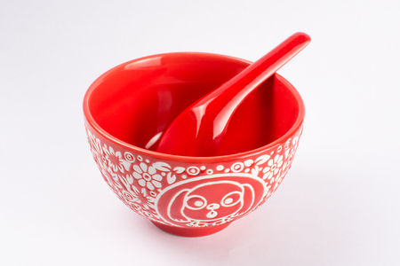 Red bowl of spoon porcelainの写真素材