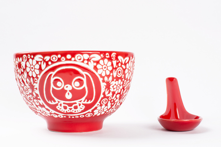 Red bowl of spoon porcelainの写真素材