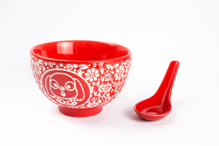 Red bowl of spoon porcelainの写真素材