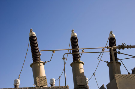High voltage insulators from an electrical switchyard.