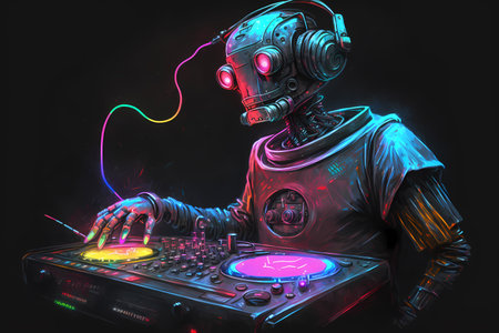 Dj playing music with headphones and mixer on colorful background. AI generation.の素材