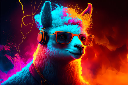 Llama in headphones listening to music on a black background. AI generationの素材