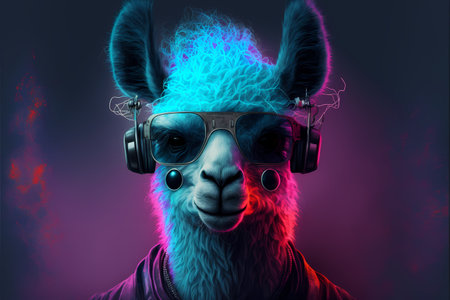 Llama in headphones listening to music on a black background. AI generationの素材