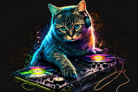 Cute cat with headphones playing music on turntable on black backgroundの素材