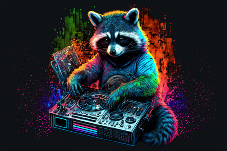 Illustration of a raccoon playing music on a turntableの素材