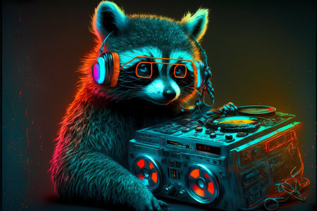 Illustration of a raccoon playing music on a turntableの素材