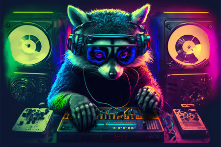 Illustration of a raccoon playing music on a turntableの素材