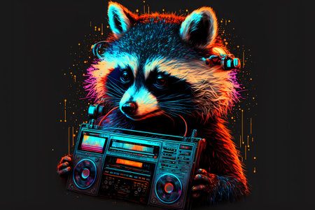 Illustration of a raccoon playing music on a turntableの素材