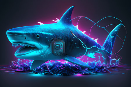 Shark listening to music with headphones. 3D illustration. neonの素材