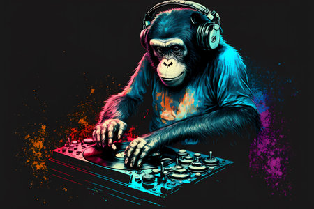 gorilla playing music on a turntable with colorful splashesの素材