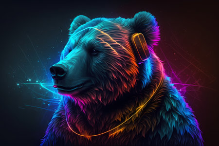 Digital painting of a bear listening to music with headphones and colorful lightsの素材