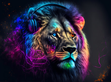 Lion head with headphones. music concept. vector illustration. abstract background.の素材