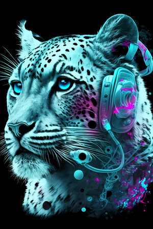 Neon leopard head with headphones and space dust background illustration.の素材
