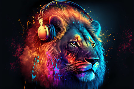 Lion head with headphones. music concept. vector illustration. abstract background.の素材