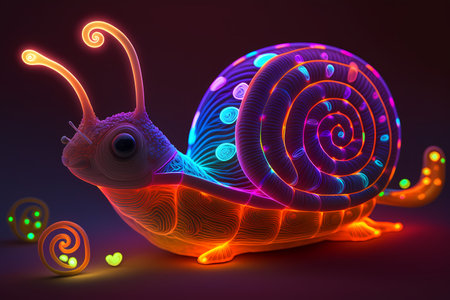 Neon snail on a dark background. 3d rendering, 3d illustration.の素材