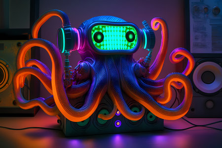 Octopus with headphones and speakers in neon light. 3d illustrationの素材