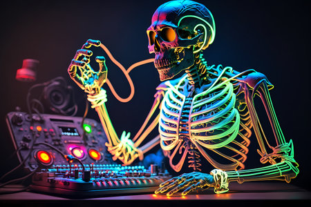 Skeleton playing music on a dj's desk in the nightclub. Skeleton dj.の素材