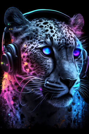 Neon leopard head with headphones and space dust background illustration.の素材