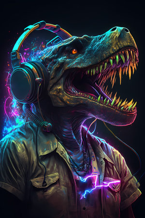 Dinosaur listening to music with headphones. colorful digital painting.の素材