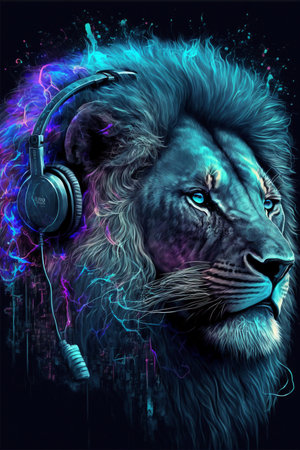 Lion head with headphones. music concept. vector illustration. abstract background.の素材