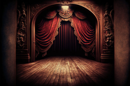 Red stage curtain with spotlights and spotlights. Theatre.の素材