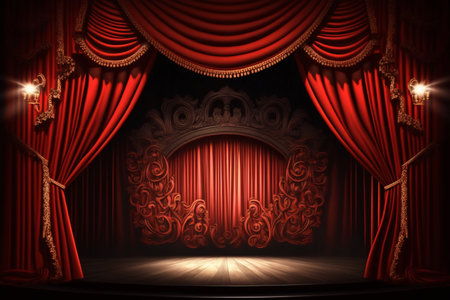 Red stage curtain with spotlights and spotlights. Theatre.の素材