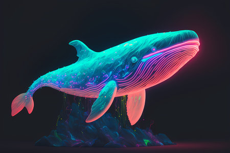 Neon humpback whale in the sea at night.の素材