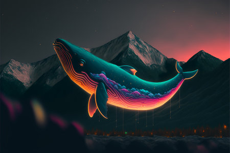 Neon humpback whale in the sea at night.の素材