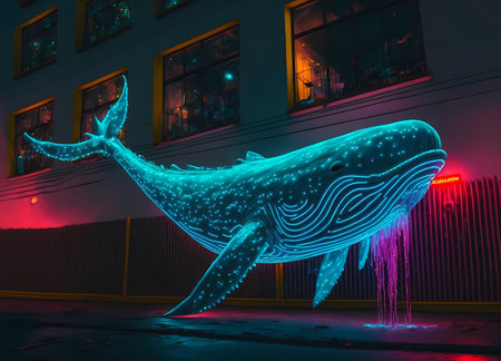 Neon humpback whale in the sea at night.の素材