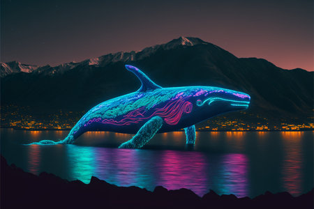 Neon humpback whale in the sea at night.の素材