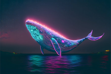 Neon humpback whale in the sea at night.の素材