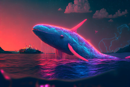 Neon humpback whale in the sea at night.の素材