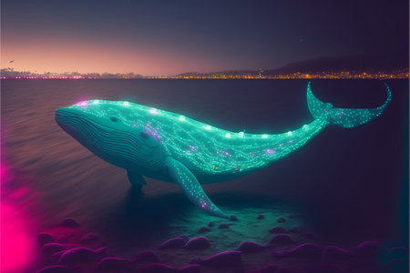 Neon humpback whale in the sea at night.の素材