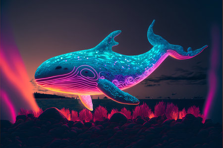 Neon humpback whale in the sea at night.の素材