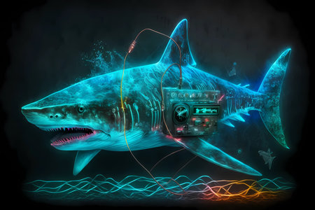 Shark listening to music with headphones. 3D rendering. music conceptの素材
