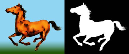 Isolated freehand digital imaginative painting illustration of running horse. High resolution image with alpha channel maskの写真素材
