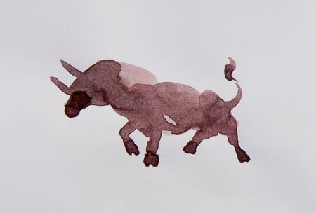 Bull watercolor isolated illustration, traditional style paintingの写真素材
