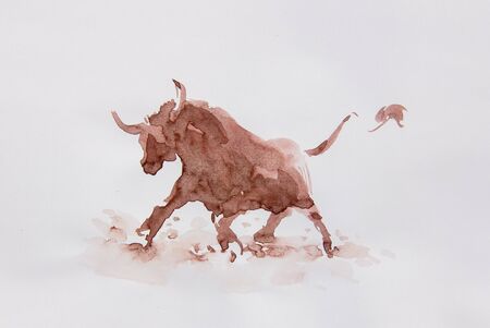 Bull watercolor isolated illustration, traditional style paintingの写真素材