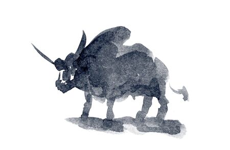Bull watercolor isolated illustration, traditional style paintingの写真素材