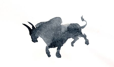 Bull watercolor isolated illustration, traditional style paintingの写真素材
